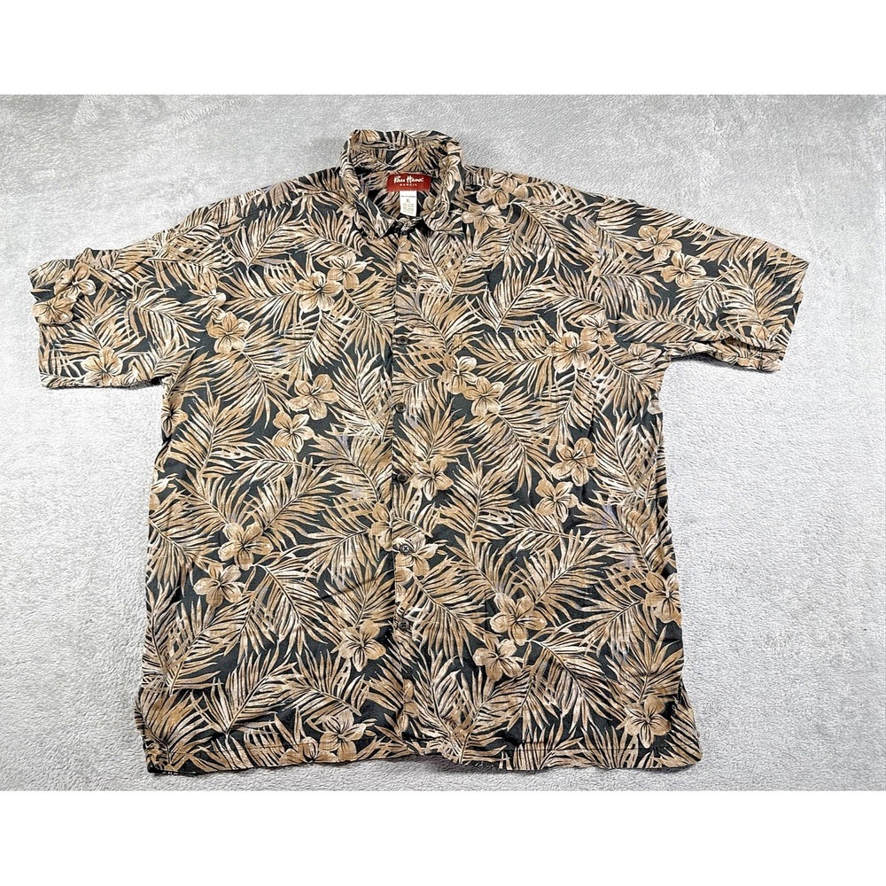Vintage Pau Hana Hawai'i‎ Tropical Print Button-Down Shirt Brown/Black Size XL